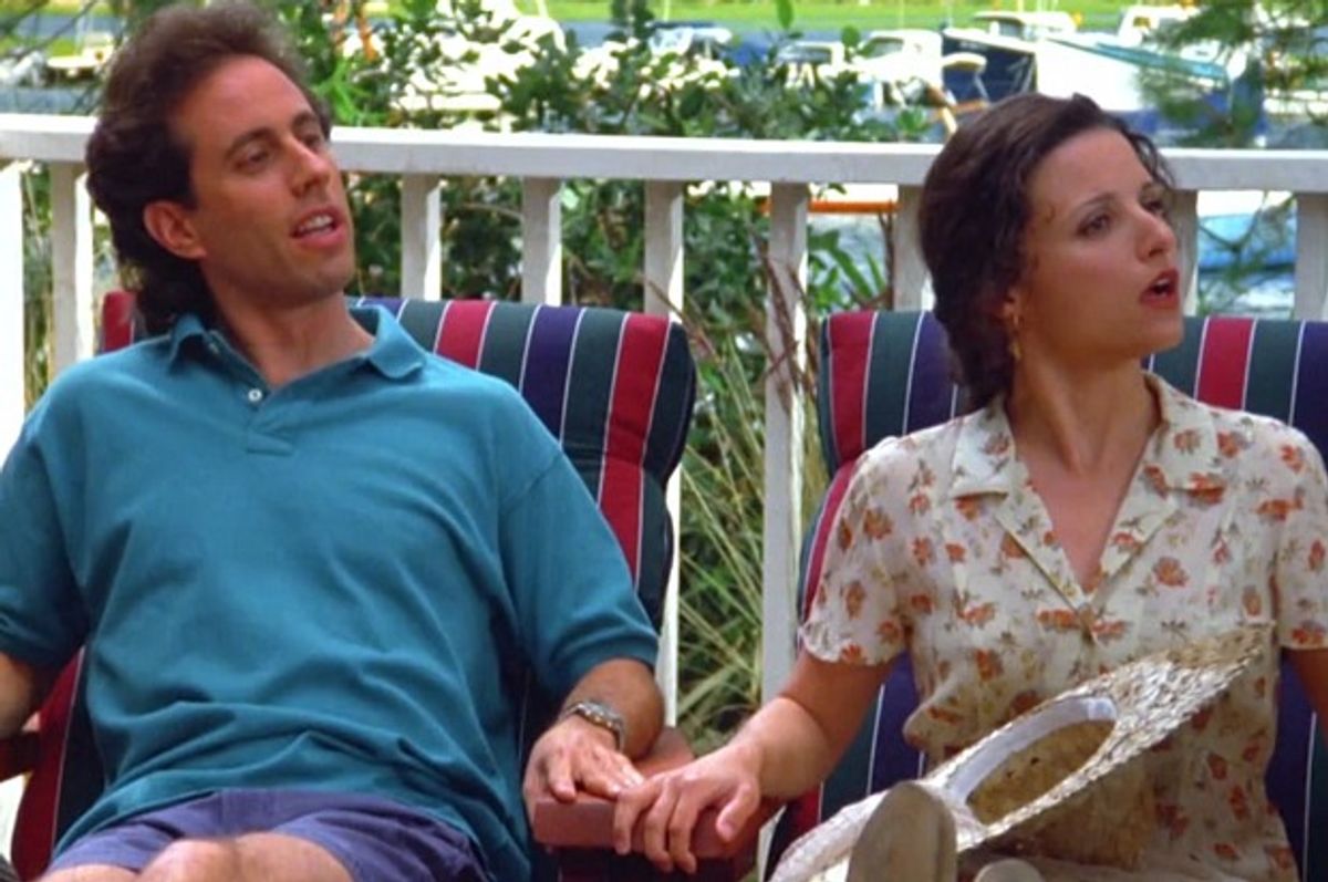 Jerry Seinfeld as Jerry and Julia Louis-Dreyfus as Elaine in "Seinfeld" (Hulu)