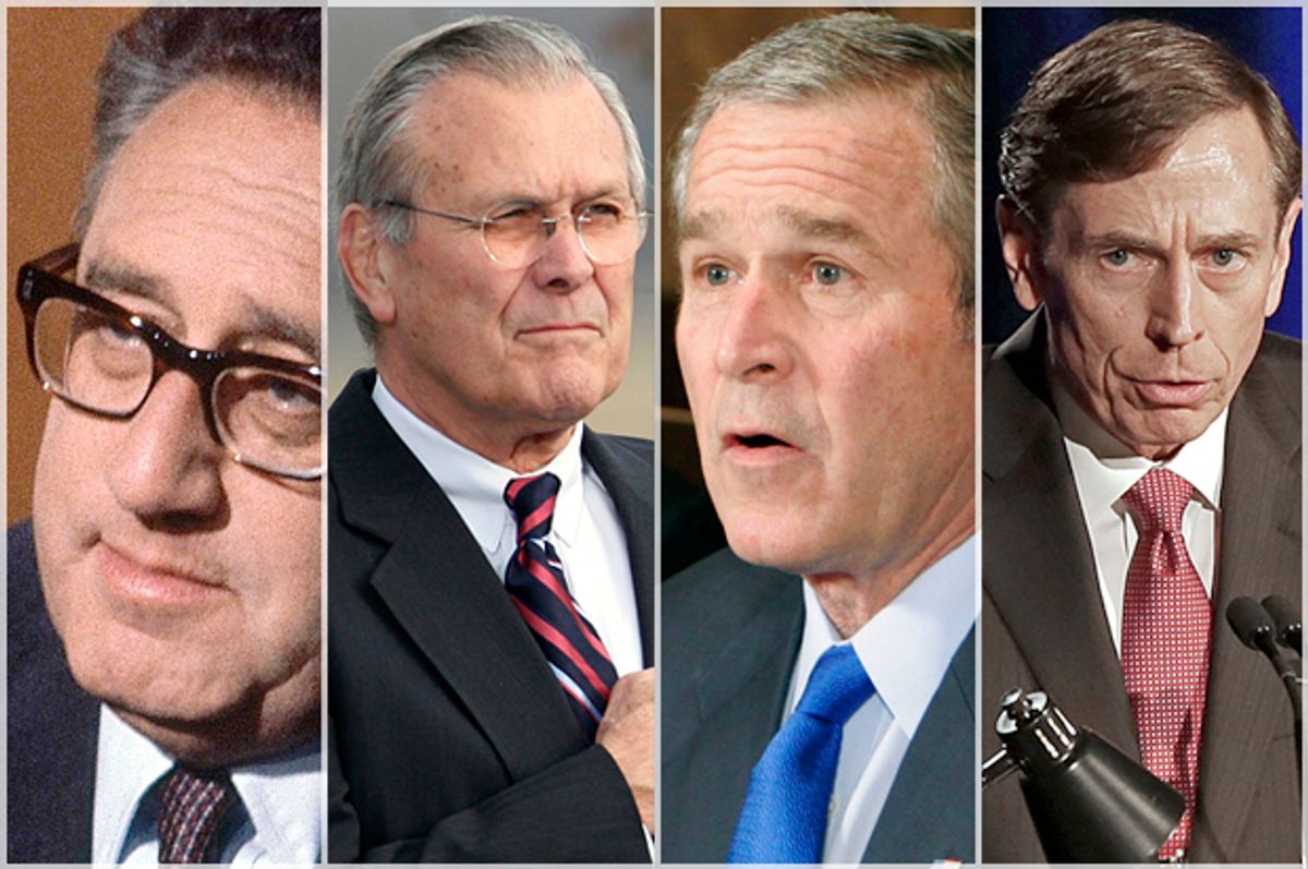 Henry Kissinger, Donald Rumsfeld, George W. Bush, David Petraeus   (AP/Reuters/JWT/Filipe Frazao/Joshua Roberts/Reed Saxon)