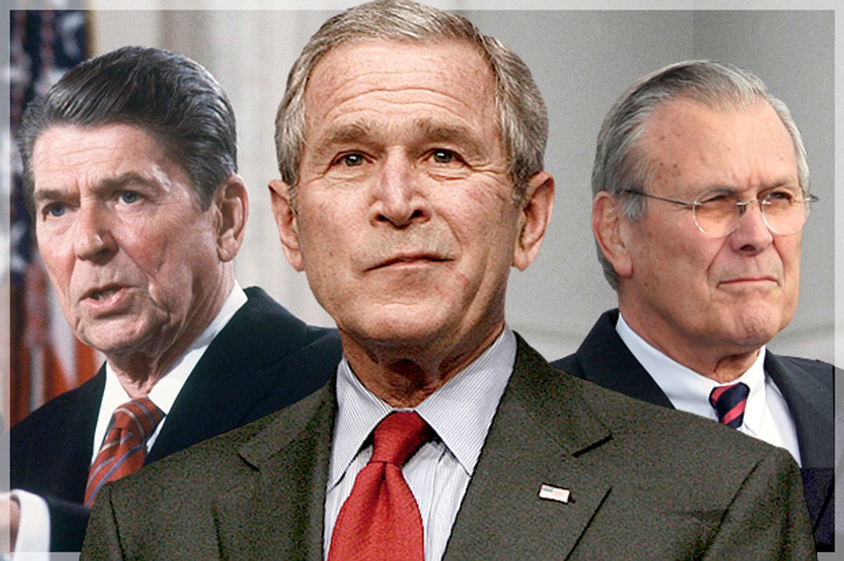 Ronald Reagan, George W. Bush, Donald Rumsfeld   (AP/Reuters/Jason Reed/Kevin Lamarque/Photo montage by Salon)