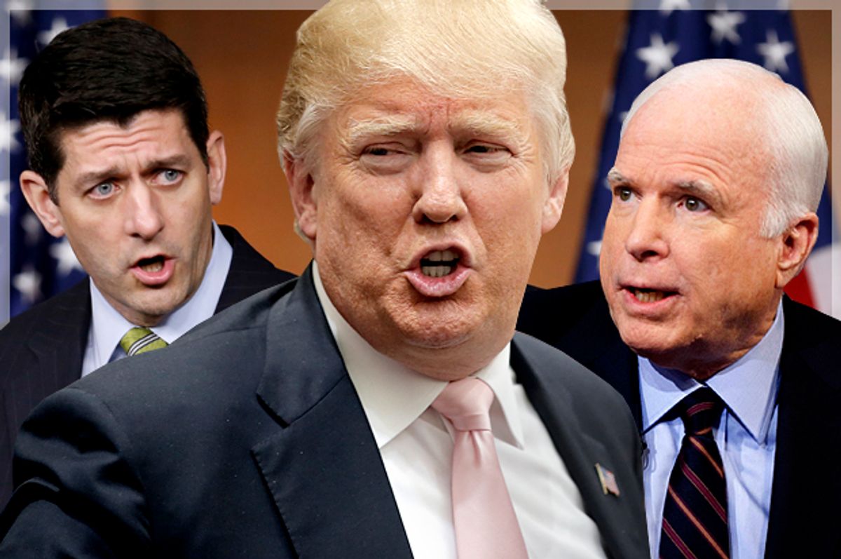 Paul Ryan, Donald Trump, John McCain   (AP/Reuters/Gary Cameron/Chris Keane/Chris Usher/Photo Montage by Salon)