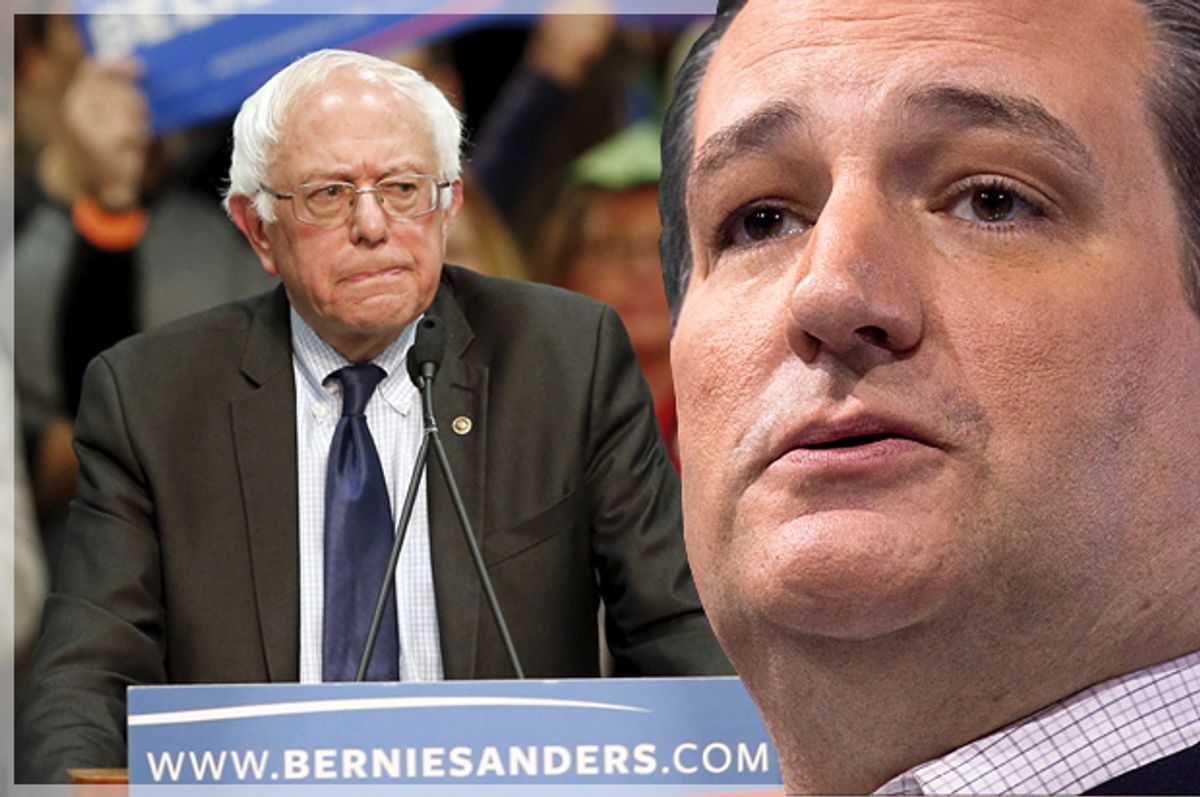 Bernie Sanders, Ted Cruz   (Reuters/Mike Blake/Jeff Malet, maletphoto.com/Photo montage by Salon)
