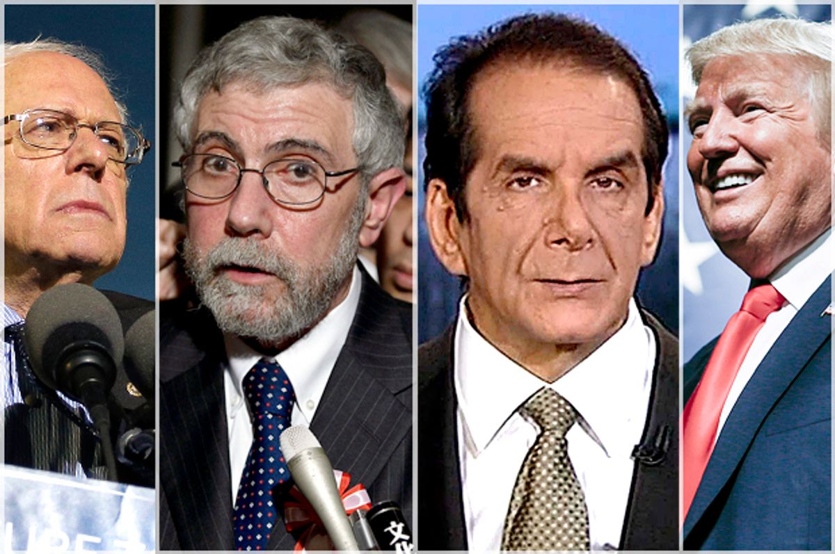 Bernie Sanders, Paul Krugman, Charles Krauthammer, Donald Trump (AP/Reuters/Julie Jacobson/Franck Robichon/Fox News/Eduardo Munoz)
