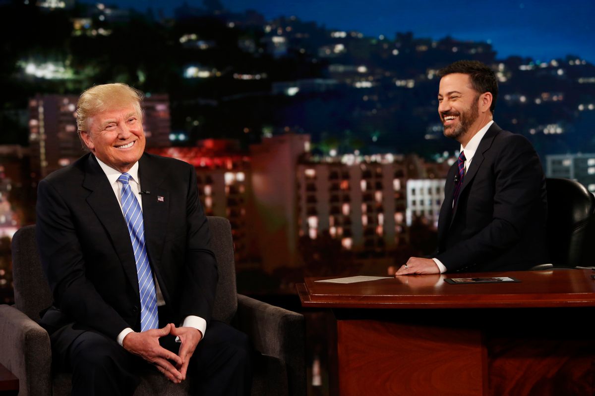 In this photo provided by ABC, Republican presidential candidate, Donald Trump, left, talks with host Jimmy Kimmel during a taping of the ABC television show, "Jimmy Kimmel Live!, on Wednesday, May 25, 2016, in Los Angeles. Trump made an appearance as a guest, along with musical guest Greg Porter on the late night show, which airs every weeknight at 11:35 p.m. EST. (Randy Holmes/ABC via AP) (AP)