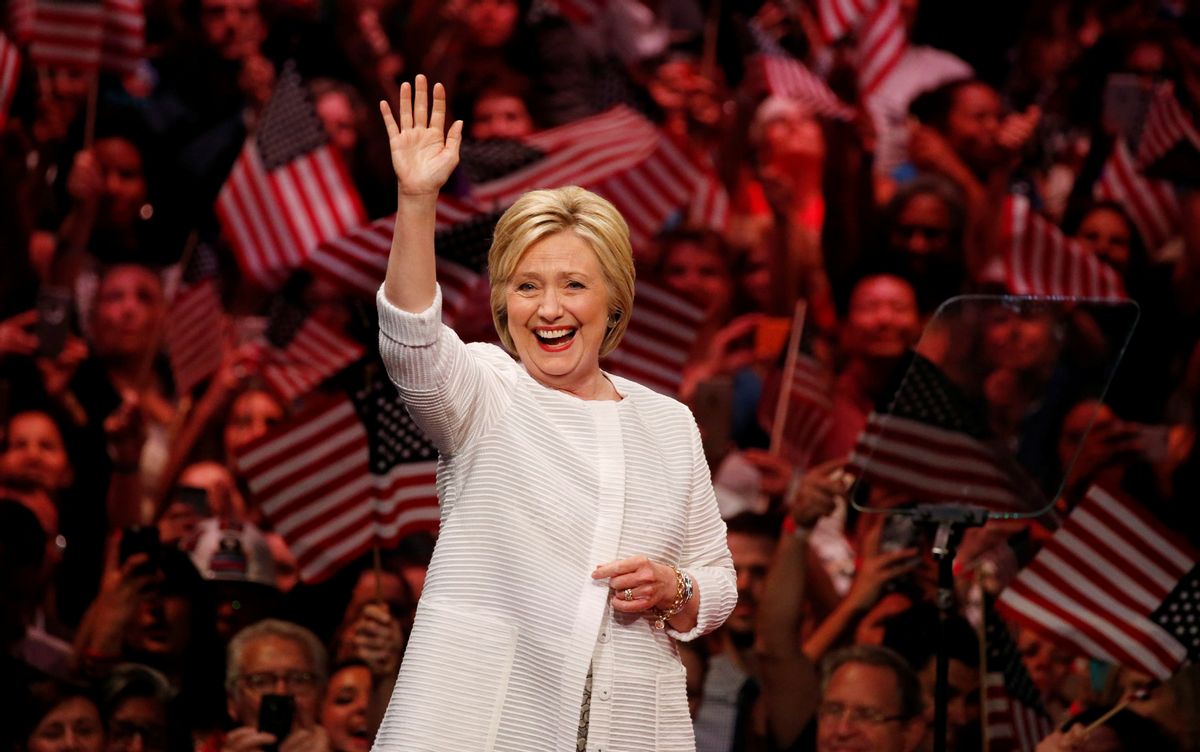 Hillary Clinton before her victory speech in New York on Tuesday night (Reuters)