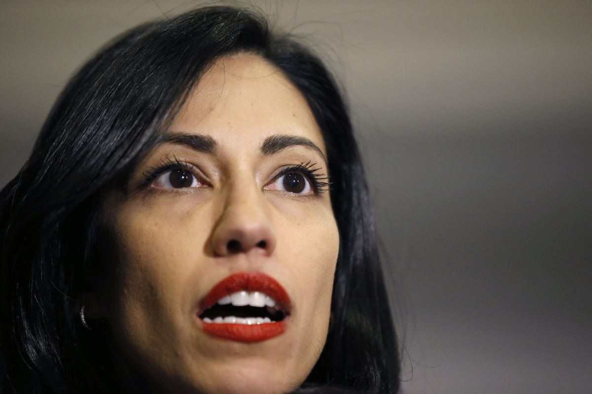 File-This Oct. 16, 2015, file photo shows Huma Abedin, a longtime aide to Hillary Rodham Clinton, speaking to the media after testifying at a closed-door hearing of the House Benghazi Committee, on Capitol Hill, in Washington.  Abedin said in a legal proceeding that Clinton did not want the State Department emails that she sent and received on her private computer server to be accessible to "anybody," according to transcripts released Wednesday, June 29, 2016. Her comments provided new insights into the highly unusual decision by the presumptive Democratic presidential candidate to operate a private email server in her basement to conduct government business as secretary of state.  (AP Photo/Alex Brandon,File) (AP)