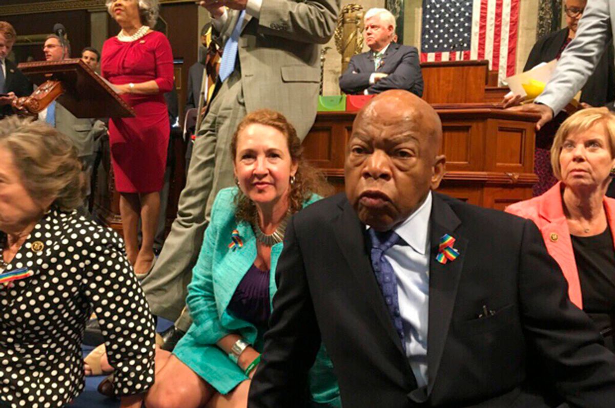 A photo tweeted from the House by Elizabeth Esty shows Democratic members staging a sit-in "to demand action on common sense gun legislation," June 22, 2016.    (Twitter/Elizabeth Esty)
