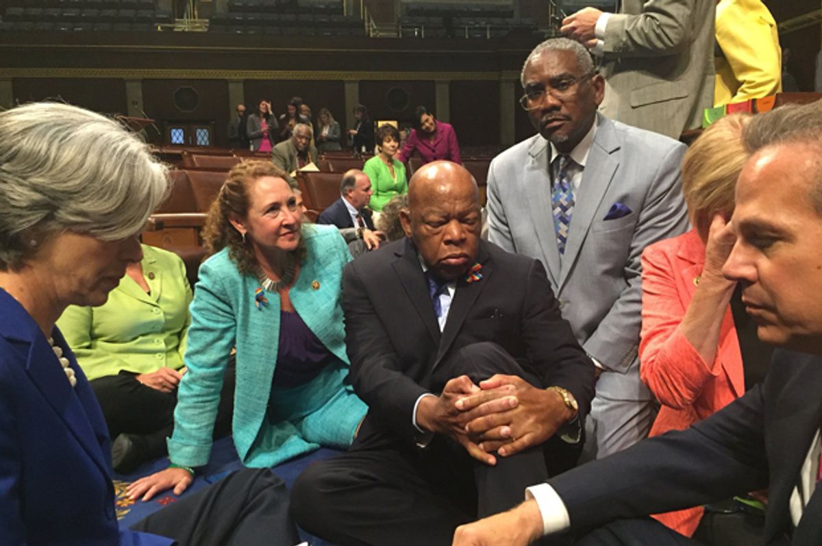 A photo tweeted from the House by Gregory Meeks shows Democratic members staging a sit-in "to demand action on common sense gun legislation," June 22, 2016.    (Twitter/Gregory Meeks)