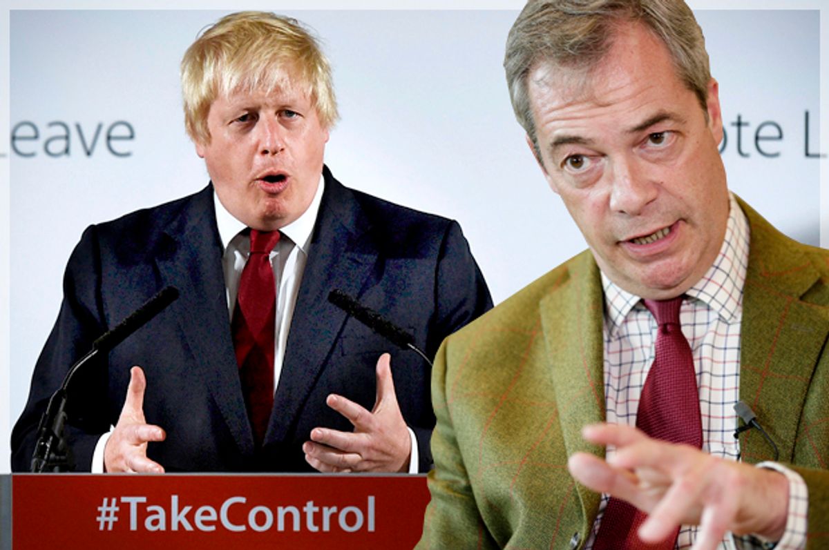 Boris Johnson, Nigel Farage   (Reuters/Mary Turner/Michael Kooren/Photo montage by Salon)