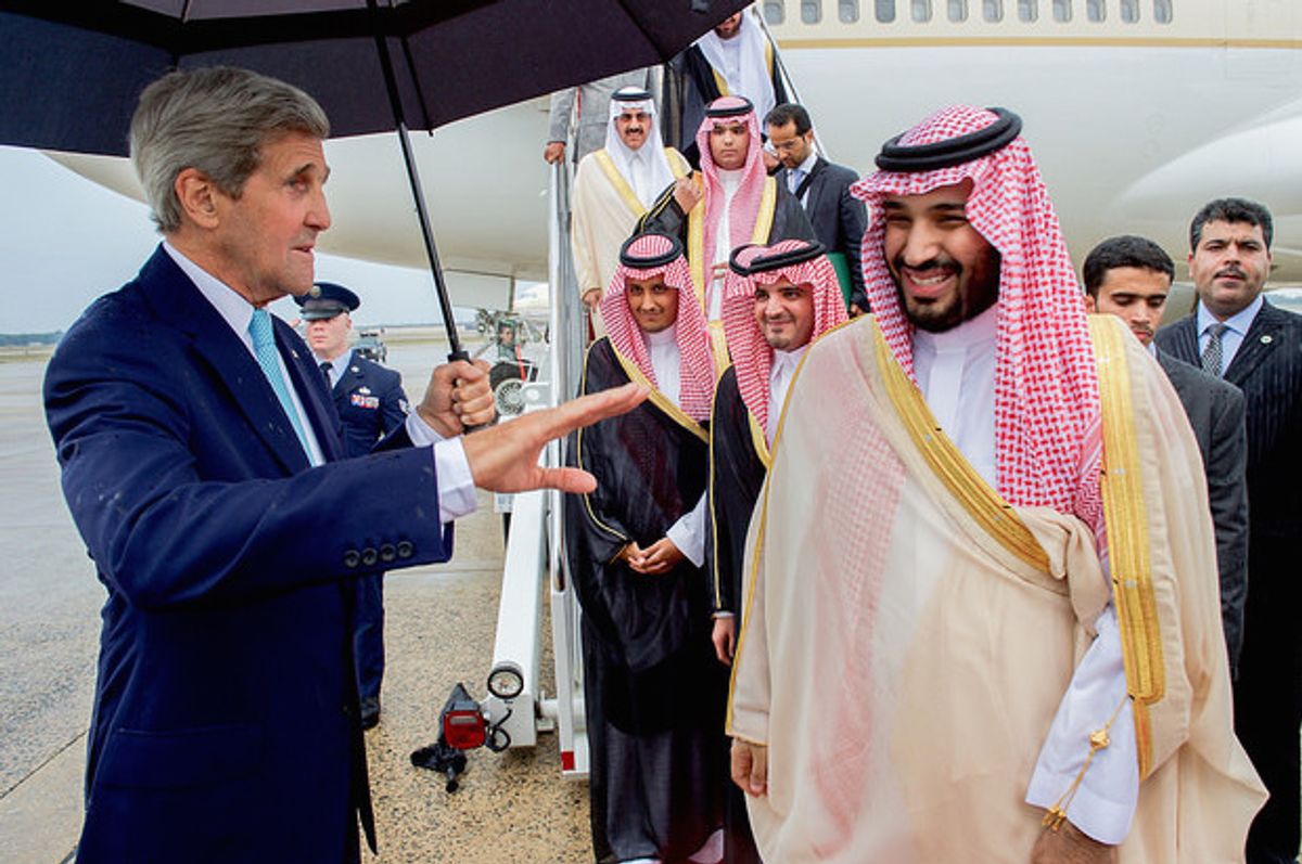 John Kerry chats with Saudi Deputy Crown Prince and Defense Minister Mohammad bin Salman after he arrived at Andrews Air Force Base in Camp Springs, Maryland on September 3, 2015  (State Department photo/Public Domain)
