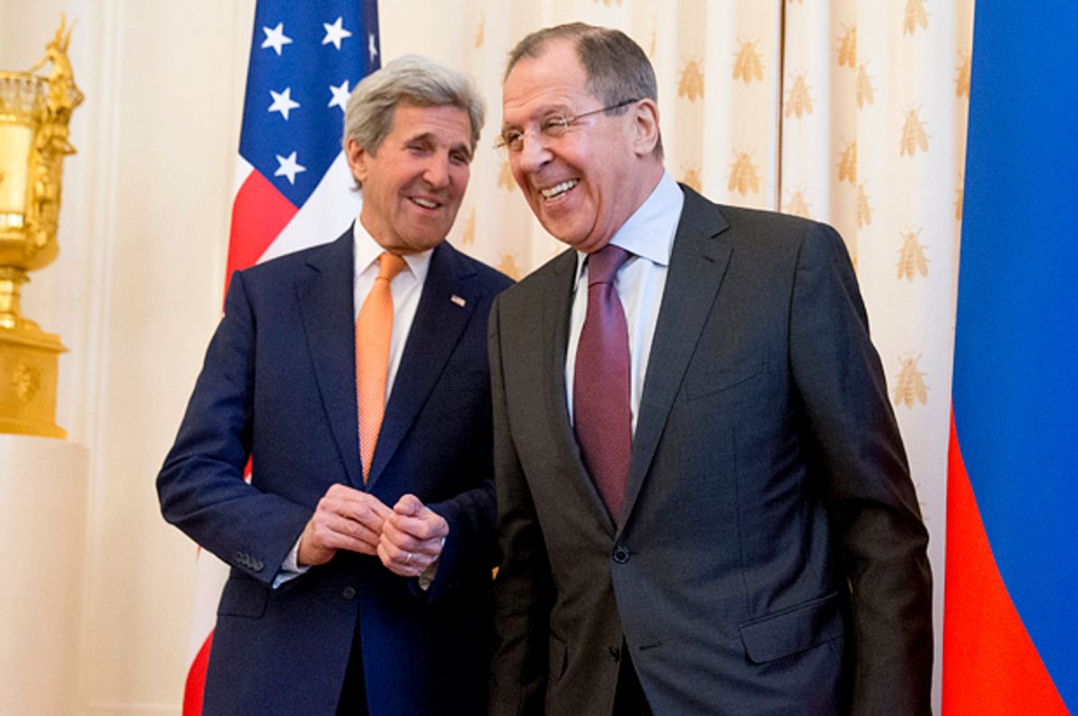 John Kerry shares a laugh with Russian Foreign Minister Sergey Lavrov during their meeting in Moscow, March 24, 2016.   (AP/Andrew Harnik)