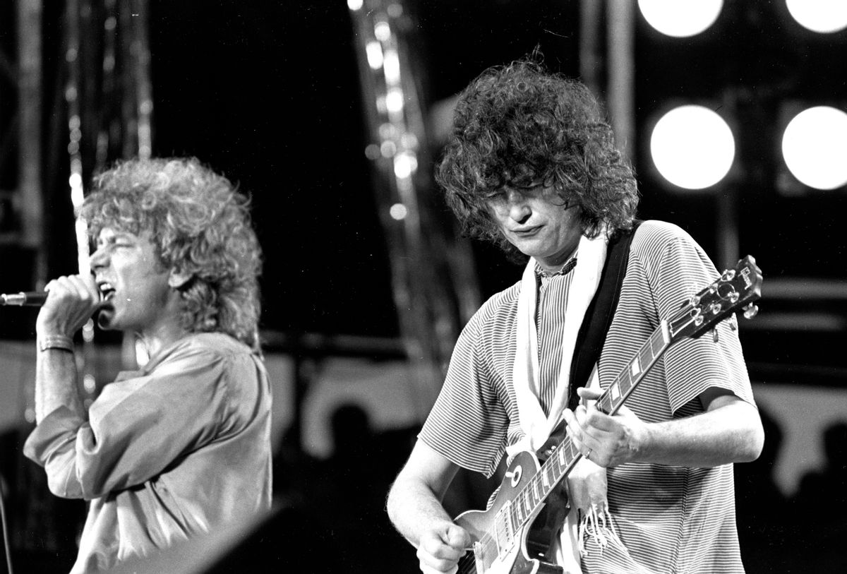 FILE - In this July 13, 1985 file photo, singer Robert Plant, left, and guitarist Jimmy Page of the British rock band Led Zeppelin perform at the Live Aid concert at Philadelphia's J.F.K. Stadium. (AP Photo/Rusty Kennedy, File)