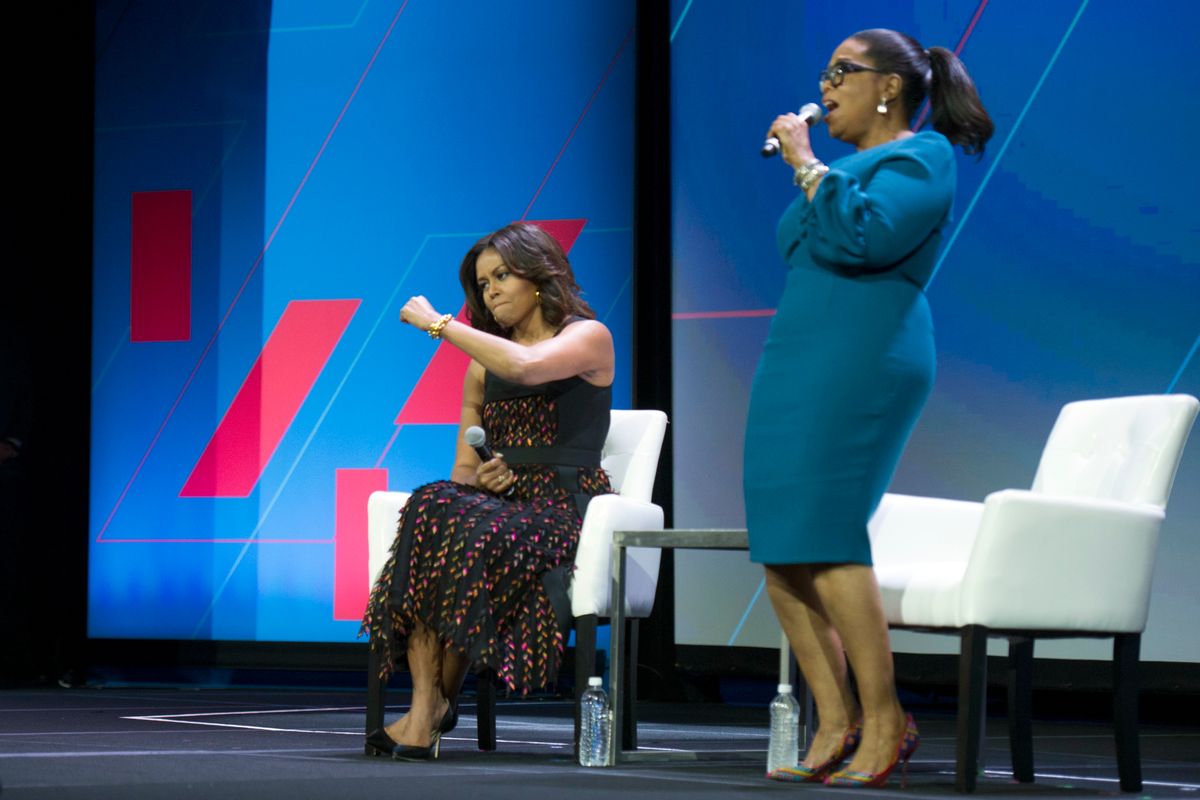 First lady Michelle Obama and Oprah Winfrey have a discussion on Trailblazing the Path for the Next Generation of Women during the White House Summit on the United State of Women in Washington, Tuesday, June 14, 2016. (AP Photo/Cliff Owen) (AP)