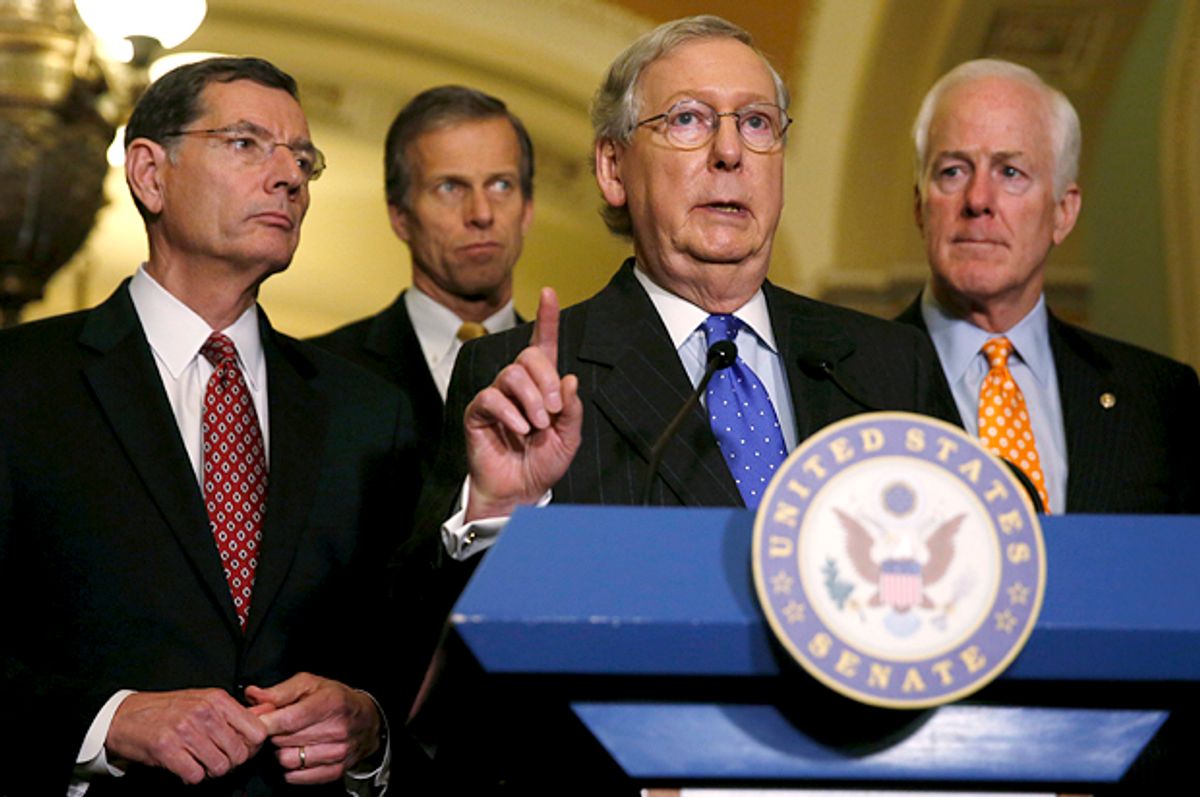 Republican Senate leaders Tom Barrasso, John Thune, Mitch McConnell and John Cornyn.    (Reuters/Gary Cameron)