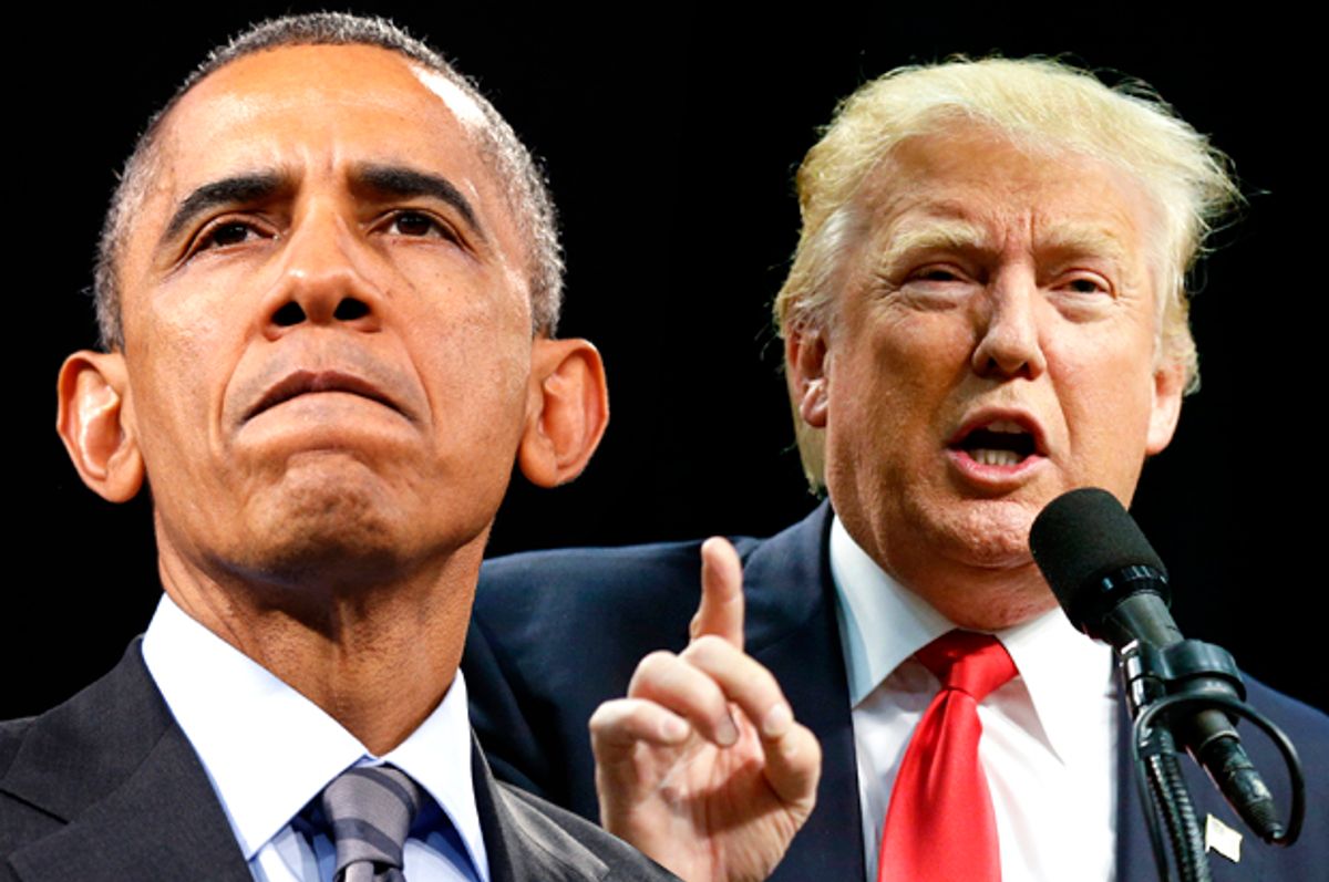 Barack Obama, Donald Trump   (Reuters/Kevin Lamarque/AP/Chris Carlson/Photo montage by Salon)