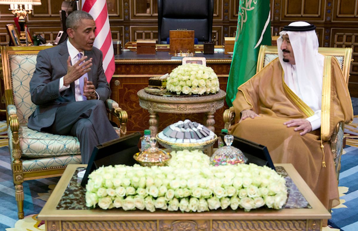 President Obama and Saudi King Salman meet at Erga Palace in Riyadh, Saudi Arabia on April 20, 2016  (AP/Carolyn Kaster)