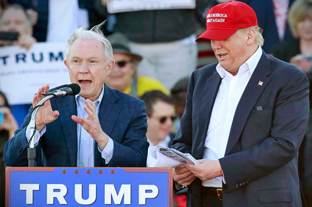 Jeff Sessions and Donald Trump at a rally in Madison, Alabama, February 28, 2016.   (Reuters/Marvin Gentry)