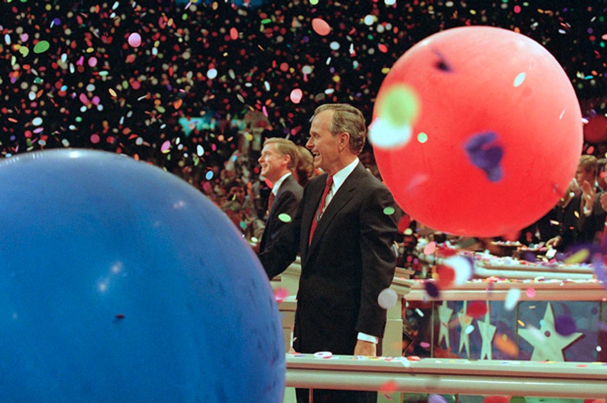George Bush and Dan Quayle at the Republican National Convention in the Houston Astrodome, August 20, 1992.  (AP/Joe Marquette)