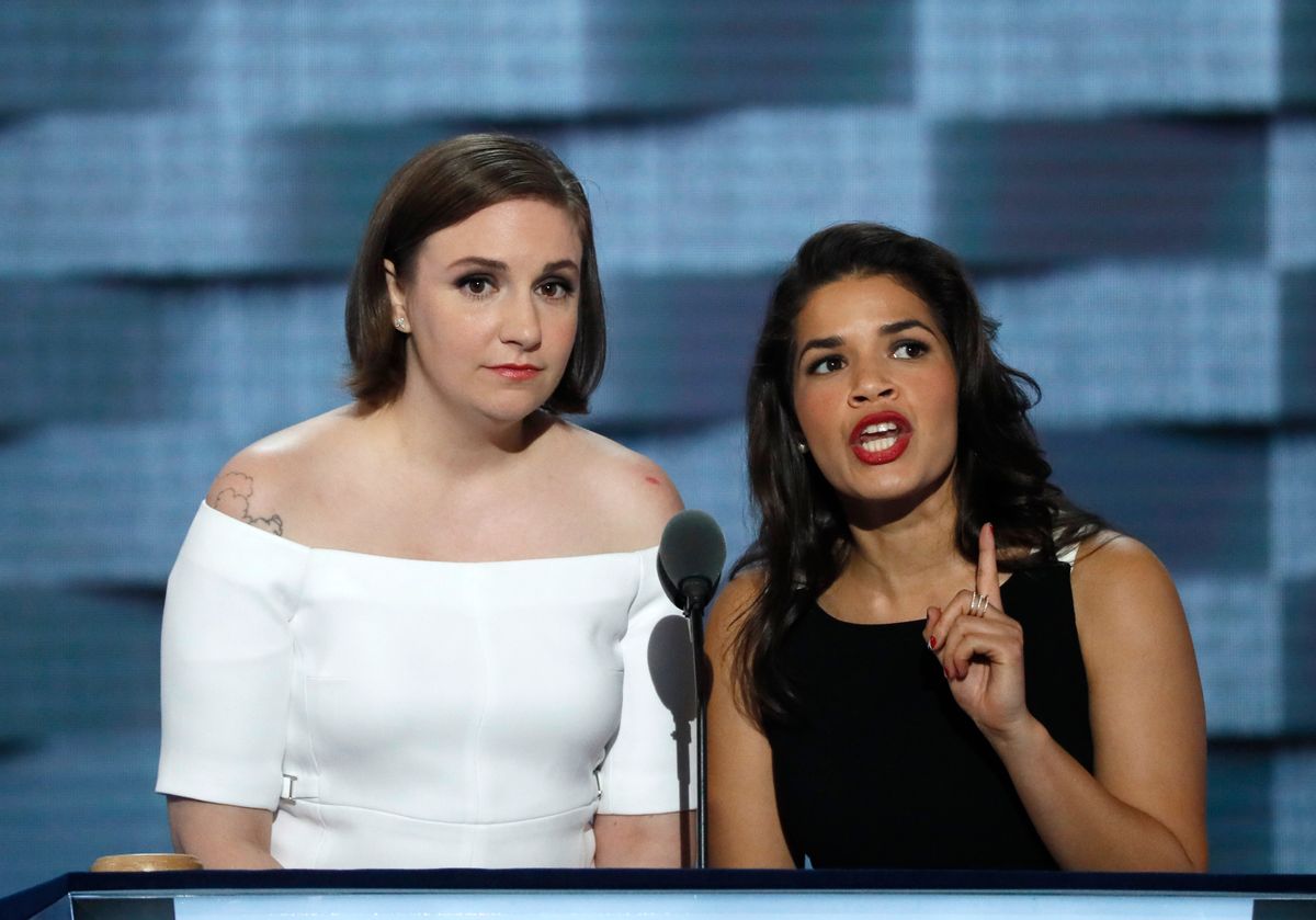 Actresses Lena Dunham and America Ferrera (R) speak on stage at the Democratic National Convention in Philadelphia, Pennsylvania, U.S. July 26, 2016. REUTERS/Mike Segar - RTSJT25 (Reuters)