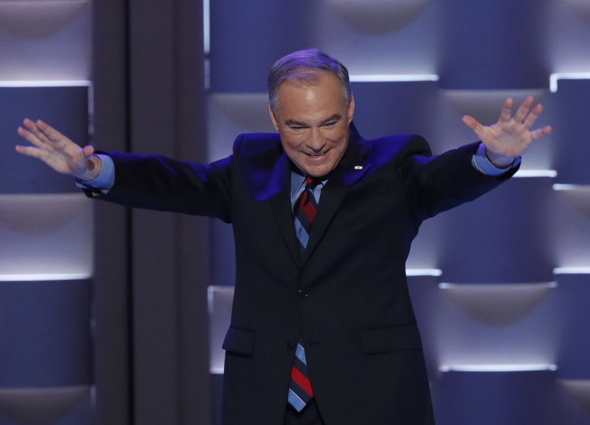 Democratic U.S. vice presidential nominee Tim Kaine walks onstage to accept the nomination on the third day of the Democratic National Convention in Philadelphia (Reuters)