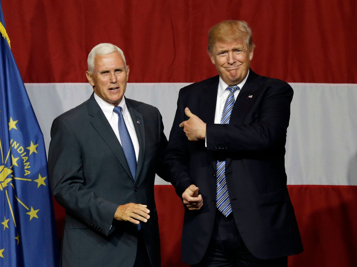 Indiana Gov. Mike Pence joins Republican presidential candidate Donald Trump at a rally in Westfield, Ind., Tuesday, July 12, 2016. (AP Photo/Michael Conroy) (AP Photo/Michael Conroy)