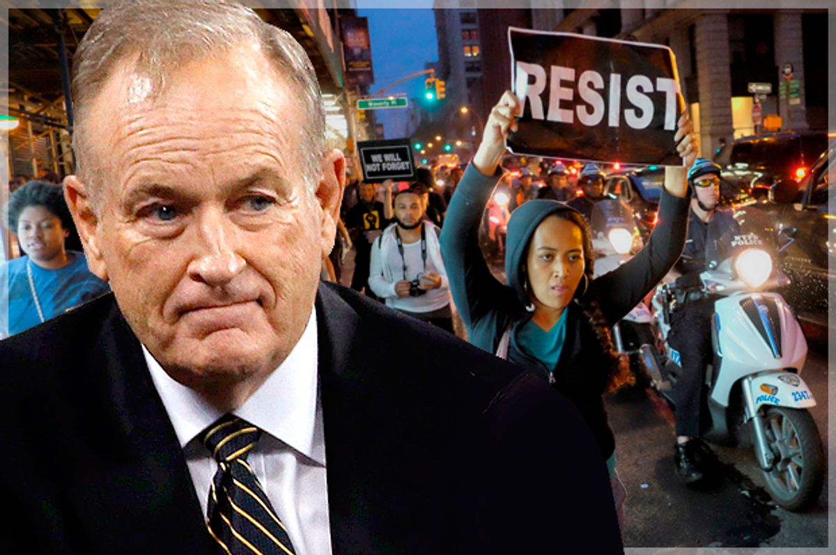 Bill O'Reilly; a march against police brutality and in support of Black Lives Matter in New York City, July 9, 2016.   (Reuters/Mike Segar/Eduardo Munoz/Photo montage by Salon)