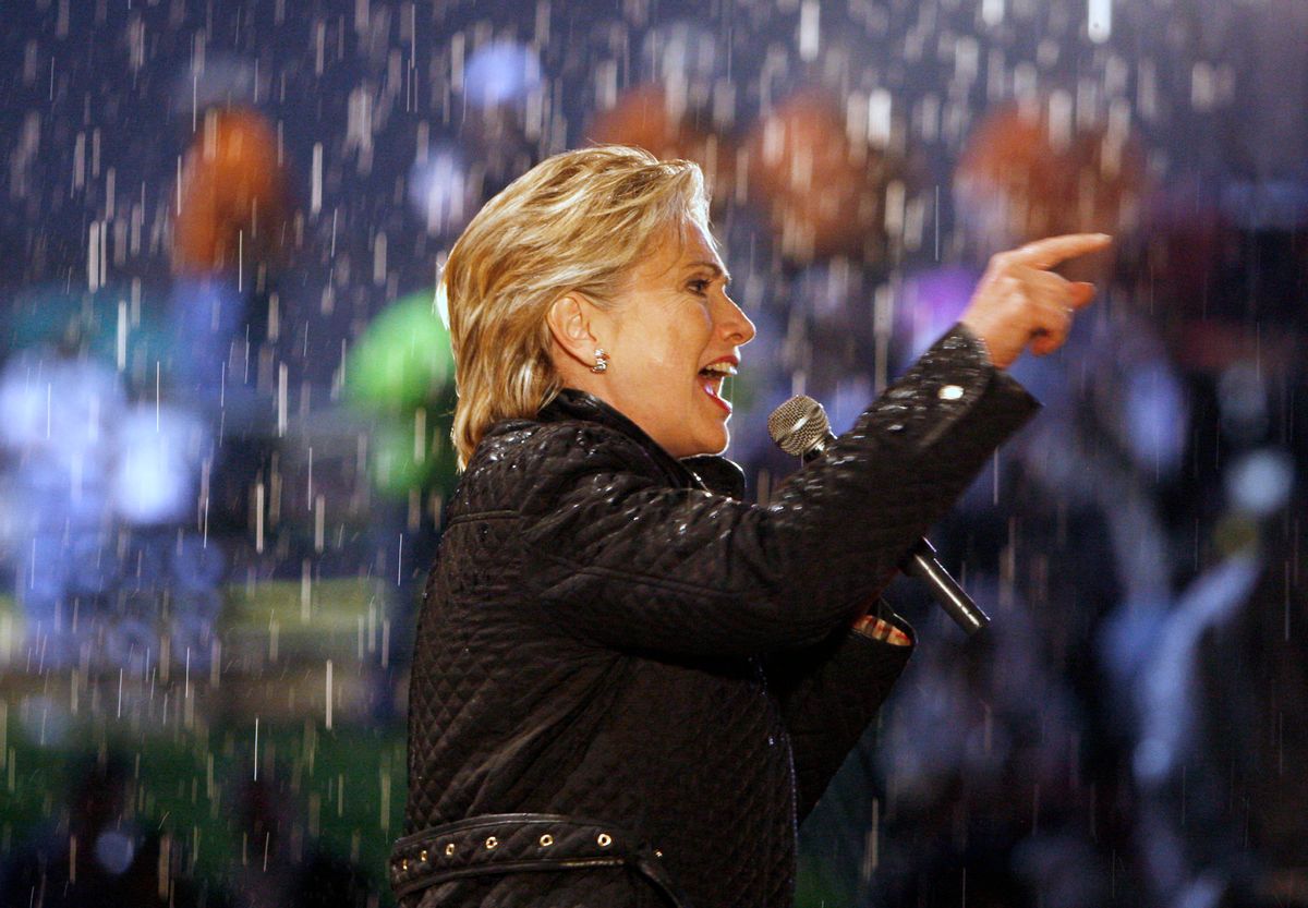 FILE - In this Saturday, April 19, 2008 file photo, then-Democratic presidential hopeful, Sen. Hillary Clinton, D-N.Y., speaks in the rain as she campaigns in McKeesport, Pa. (AP Photo/Charles Dharapak) (AP)