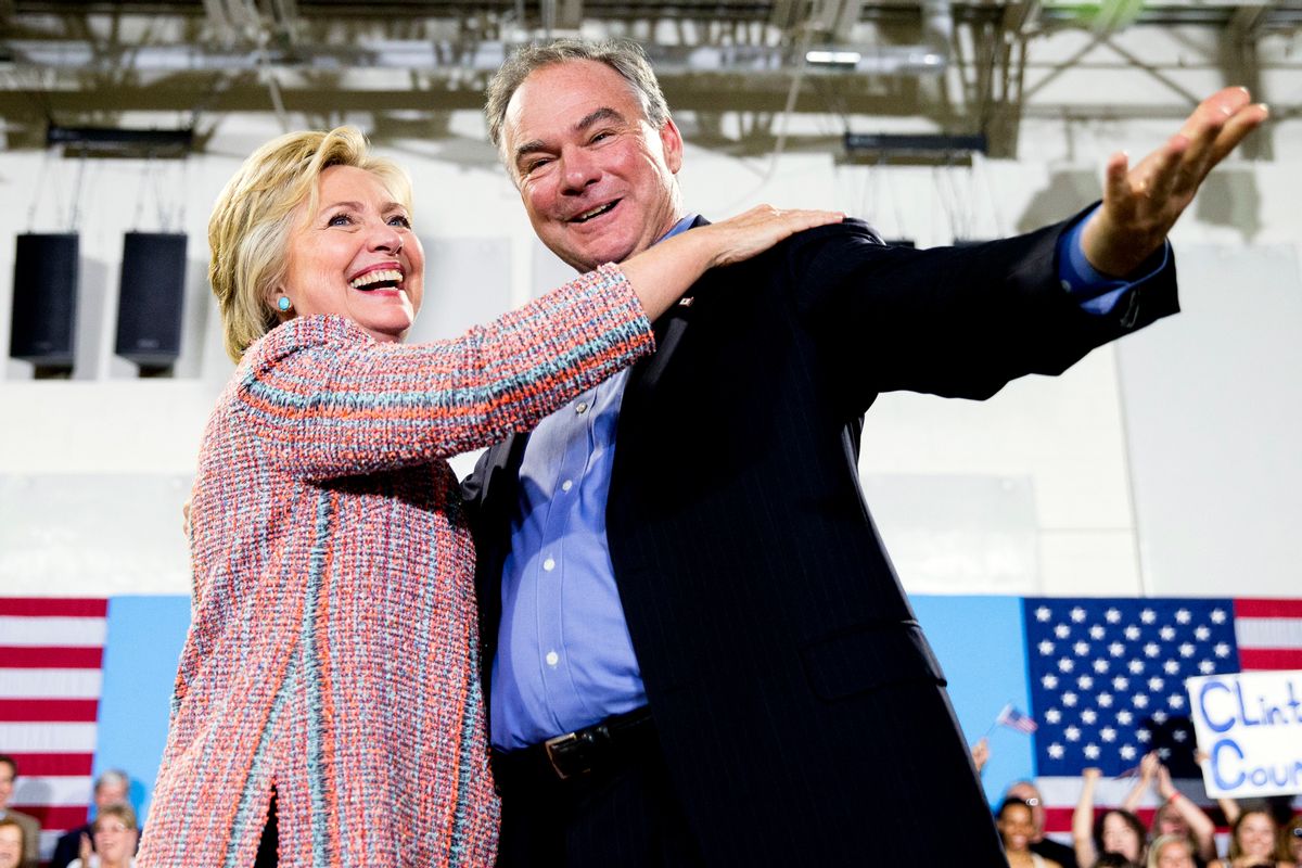 In this July 14, 2016, file photo, Democratic presidential candidate Hillary Clinton, accompanied by Sen. Tim Kaine, D-Va., speaks at a rally at Northern Virginia Community College in Annandale, Va. Clinton has chosen Kaine to be her running mate (AP Photo/Andrew Harnik) (AP)