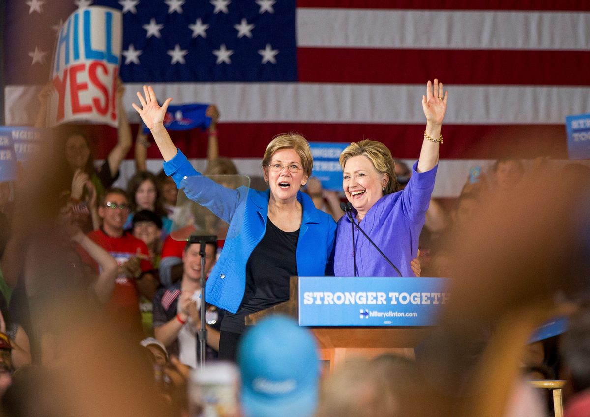 FILE - In this June 27, 2016, file photo, Democratic presidential candidate Hillary Clinton, is introduced by Sen. Elizabeth Warren, D-Mass., left, at a rally at the Cincinnati Museum Center at Union Terminal in Cincinnati.  (AP)
