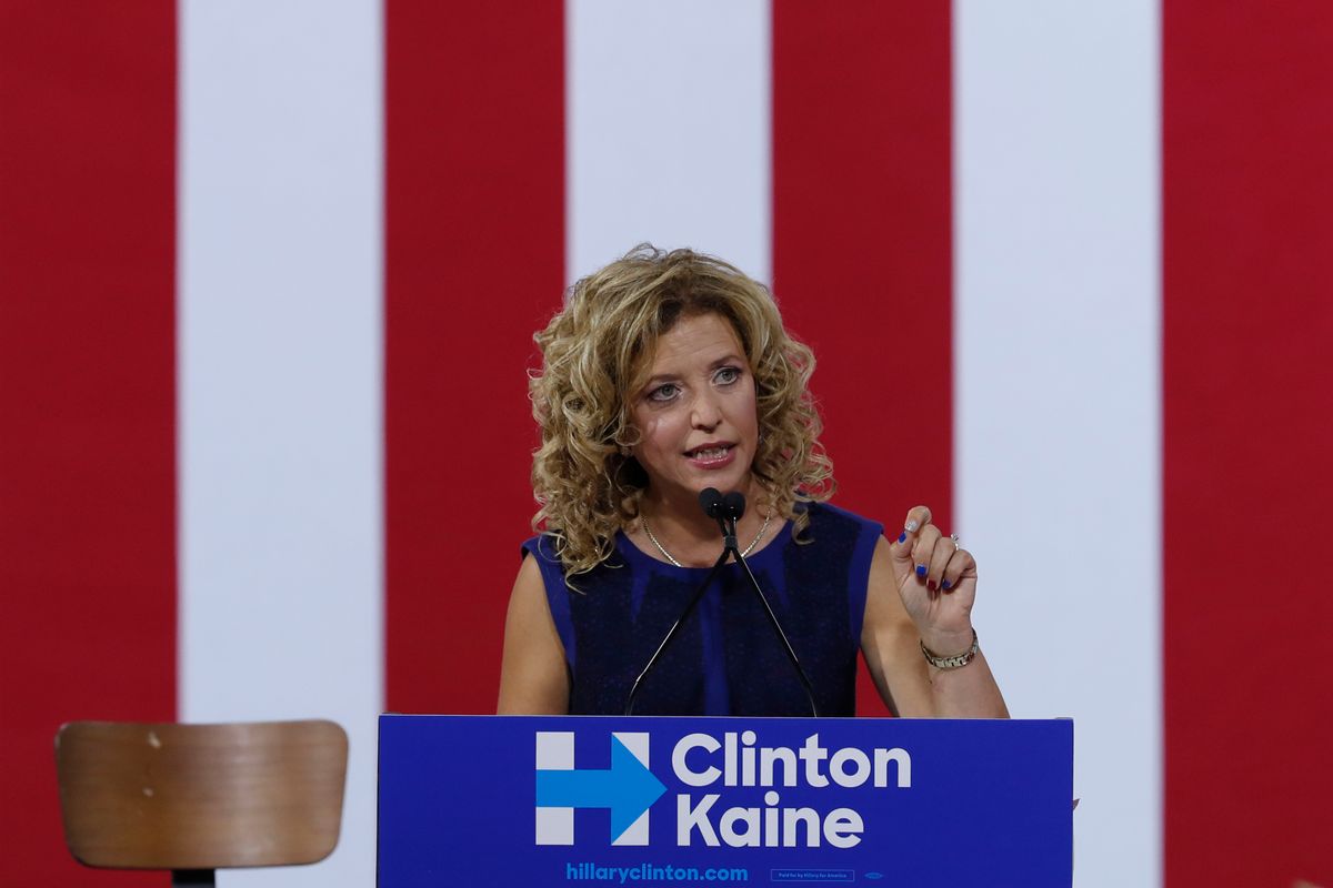 In this Saturday, July 23, 2016 photo, DNC Chairwoman, Debbie Wasserman Schultz speaks during a campaign event for Democratic presidential candidate Hillary Clinton during a rally at Florida International University Panther Arena in Miami. On Sunday, Wasserman Schultz announced she would step down as DNC chairwoman at the end of the party's convention, after some of the 19,000 emails, presumably stolen from the DNC by hackers, were posted to the website Wikileaks. (AP Photo/Mary Altaffer) (AP)