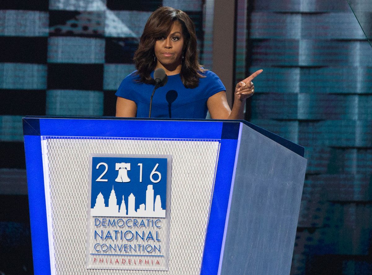 Michelle Obama speaks during the first night of the Democratic National Convention at the Wells Fargo Building on Monday, July 25, 2016, in Philadelphia, Pa. (Benjamin Hager/Las Vegas Review-Journal via AP) (AP)