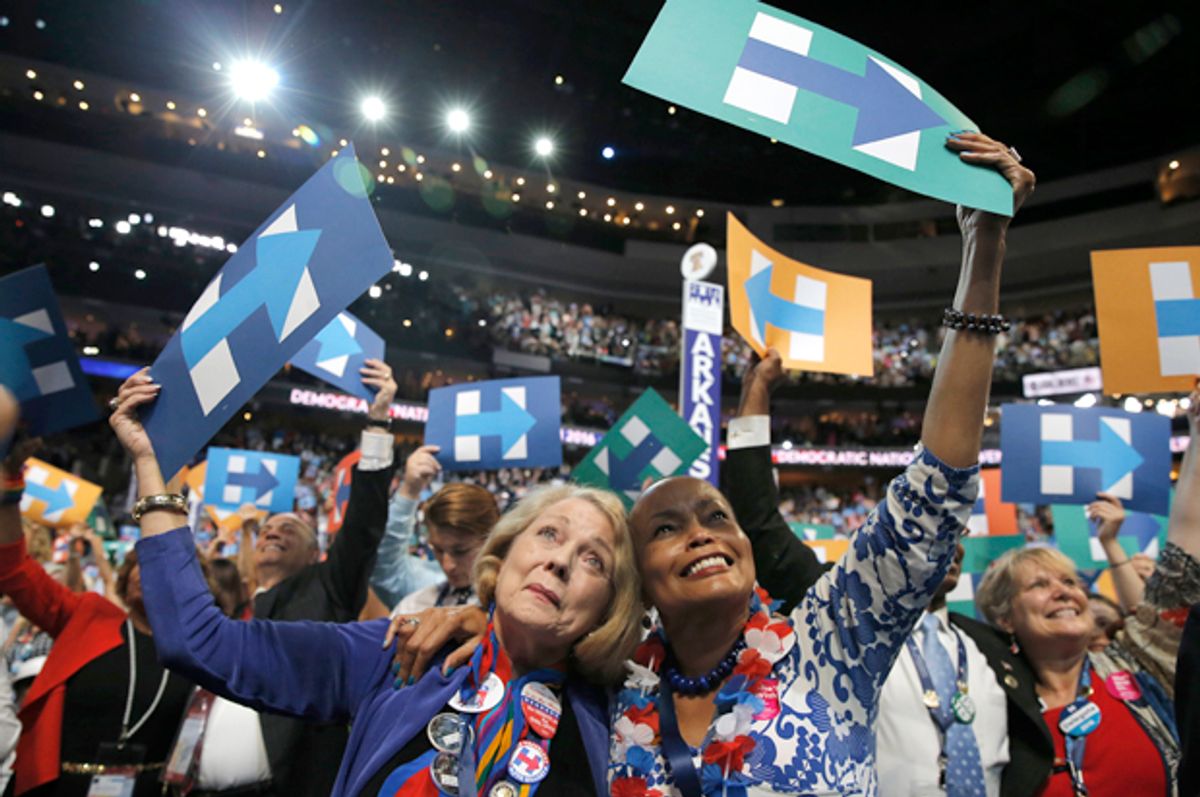 Delegates celebrate at the Democratic National Convention in Philadelphia, July 26, 2016.   (Reuters/Jim Young)