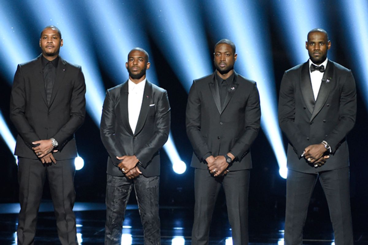 Carmelo Anthony, from left, Chris Paul, Dwyane Wade and LeBron James speak on stage at the ESPY Awards, July 13, 2016.   (AP/Chris Pizzello)