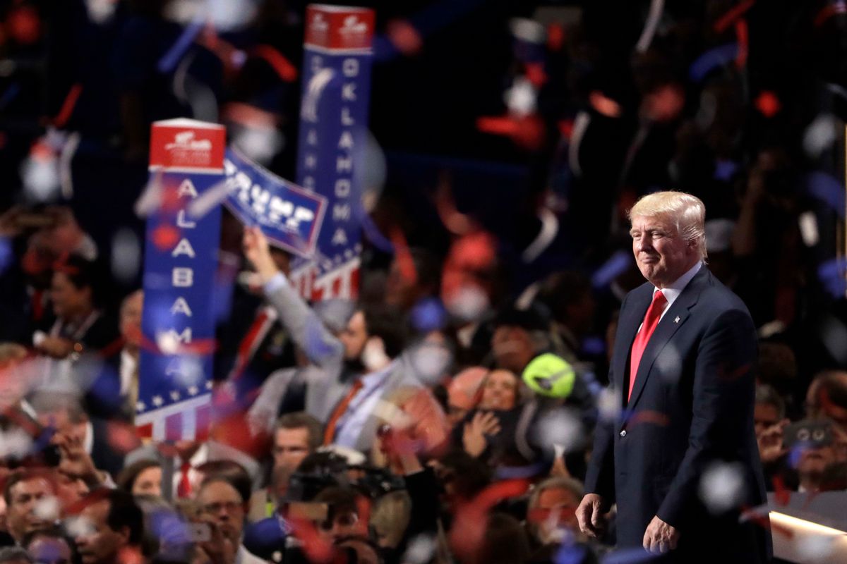 Confetti and balloons fall during celebrations after Republican presidential candidate Donald Trump's acceptance speech on the final day of the Republican National Convention in Cleveland, Thursday, July 21, 2016. (AP Photo/Matt Rourke) (AP)
