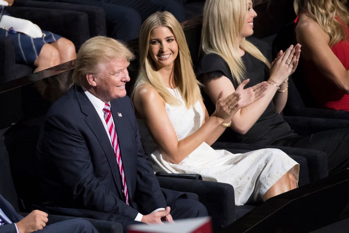 Ivanka Trump applauds as Republican presidential candidate Donald Trump smiles as his son Eric Trump speaks during the Republican National Convention, Wednesday, July 20, 2016, in Cleveland. (AP Photo/Evan Vucci) (AP)