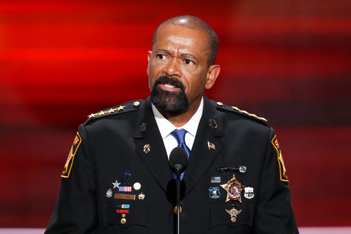 David Clarke, Sheriff of Milwaukee County, Wis., speaks during the opening day of the Republican National Convention in Cleveland, Monday, July 18, 2016. (AP Photo/J. Scott Applewhite) (AP)
