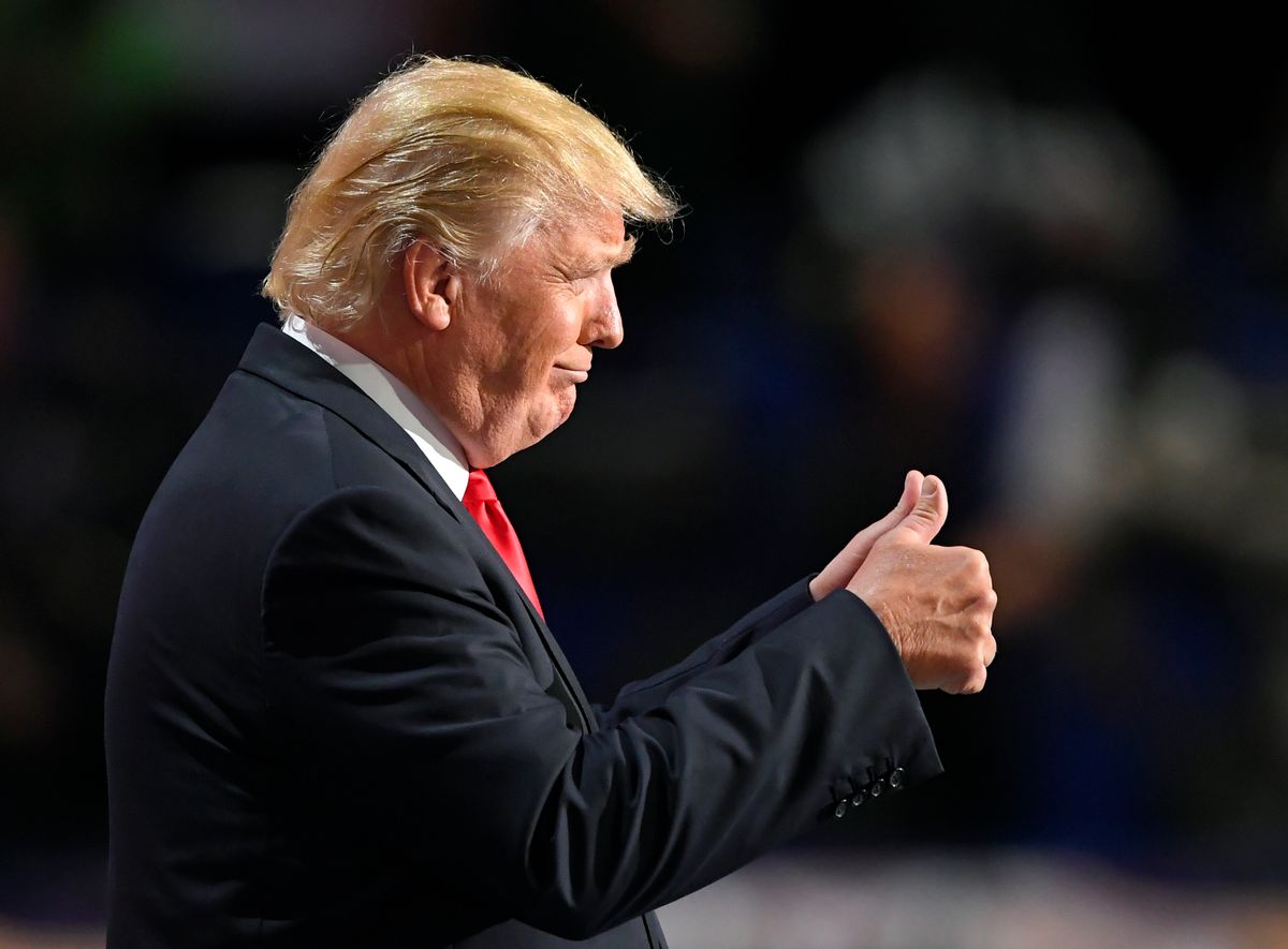 Republican Presidential Candidate Donald Trump gestures as he speaks during the final day of the Republican National Convention in Cleveland, Thursday, July 21, 2016. (AP Photo/Mark J. Terrill) (AP)