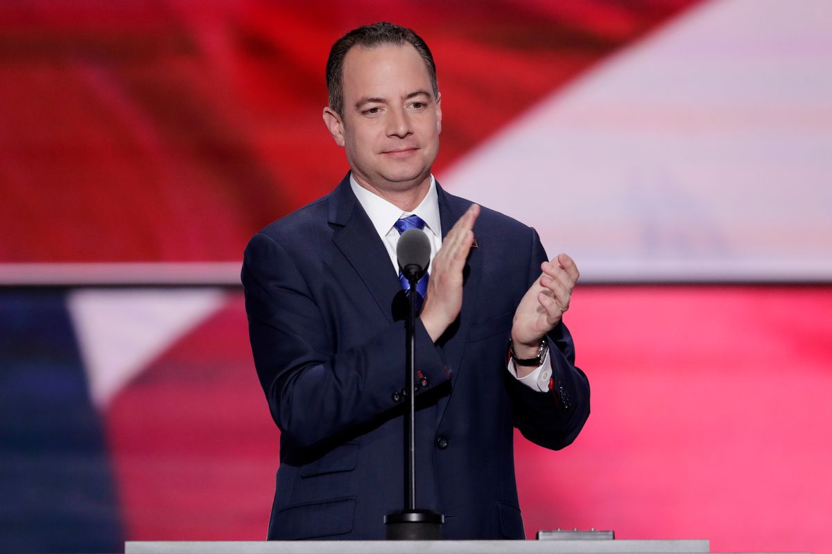 Reince Priebus, Chairman of the Republican National Committee, applauds the people of Cleveland before speaking during the final day of the Republican National Convention in Cleveland, Thursday, July 21, 2016. (AP Photo/J. Scott Applewhite) (AP)