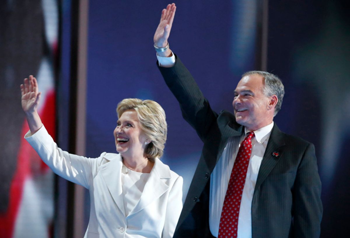 Hillary Clinton and Tim Kaine at the Democratic National Convention in Philadelphia, July 28, 2016.   (Reuters/Lucy Nicholson)