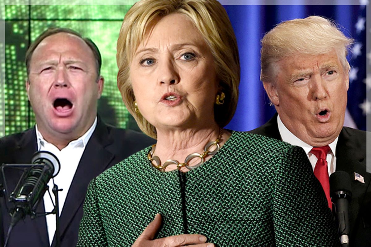 Alex Jones, Hillary Clinton, Donald Trump   (AP/Reuters/Rainier Ehrhardt/Mike Segar/Salon)