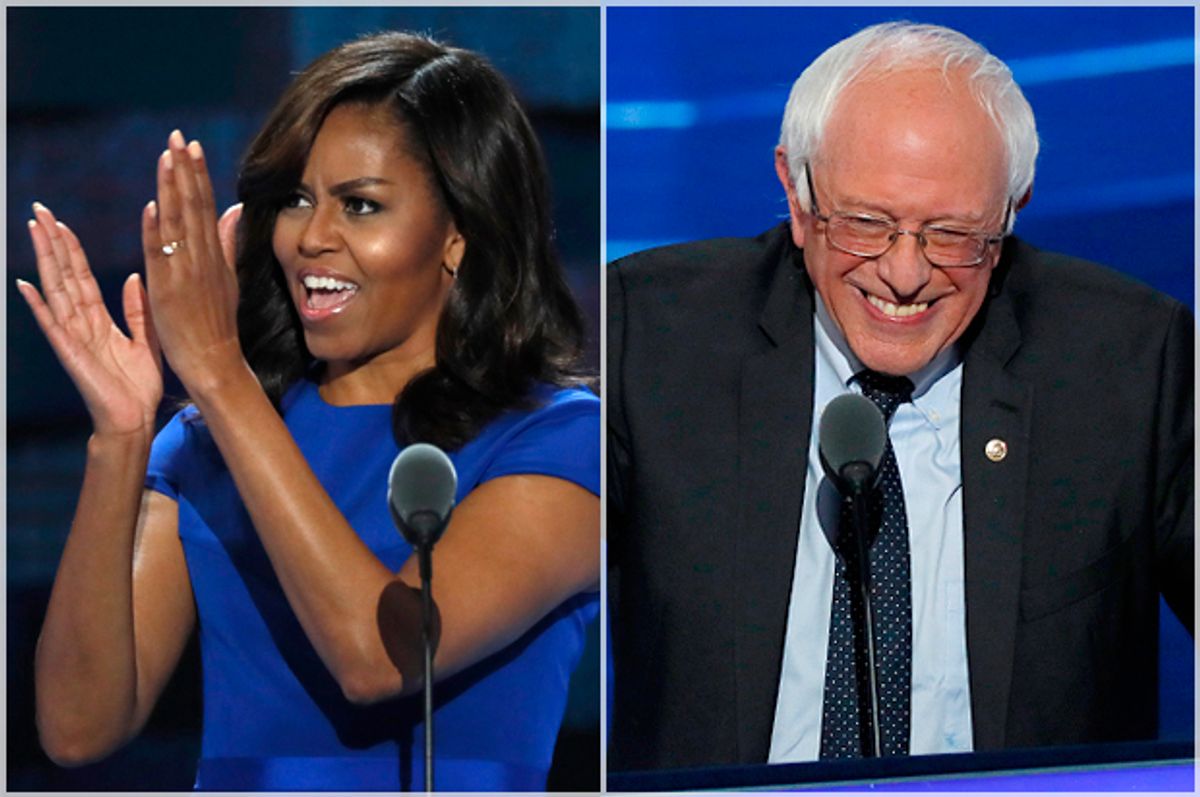 Michelle Obama; Bernie Sanders   (Reuters/Mike Segar)