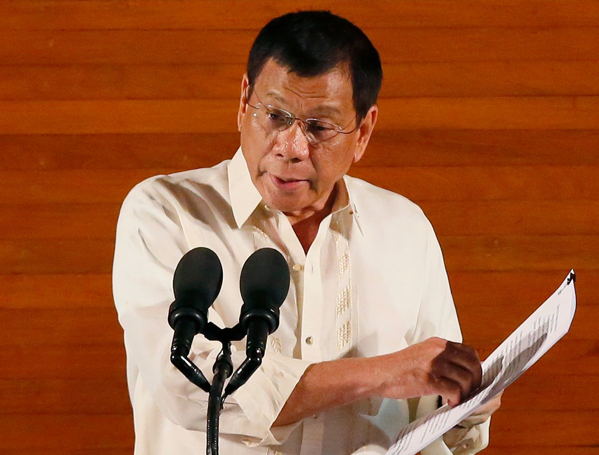 FILE - In this Monday,  July 25, 2016 file photo, Philippine President Rodrigo Duterte delivers his first State of the Nation Address before the joint session of the 17th Congress in suburban Quezon city, northeast of Manila, Philippines. Duterte on Thursday, July 28, threatened to withdraw a ceasefire order he gave three days ago after suspected communist rebels killed a government militiaman and wounded four others in an attack. (AP Photo/Bullit Marquez, File) (AP)