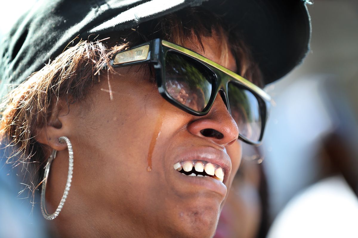 Diamond Reynolds, the girlfriend of Philando Castile, weeps during a press conference at the Governor'sResidence in St. Paul, Minn., Thursday, July 7, 2016. Philando Castile was shot in a car Wednesday night by police in the St. Paul suburb of Falcon Heights. Police have said the incident began when an officer initiated a traffic stop in suburban Falcon Heights but have not further explained what led to the shooting. (Leila Navidi/Star Tribune via AP)