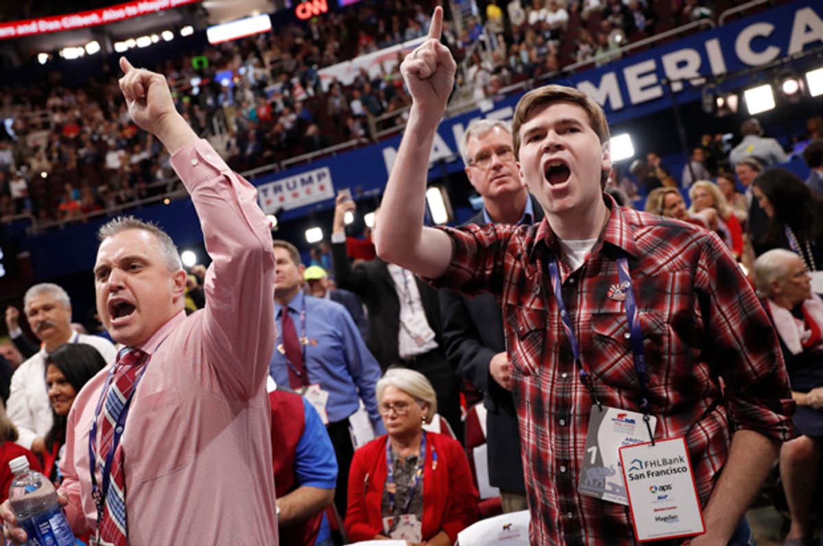 Delegates yell after the temporary chairman of the Republican National Convention announced that the convention would not hold a roll-call vote on the Rules Committee's report and rules changes and rejected the efforts of anti-Trump forces to hold such a vote, Cleveland, July 18, 2016.   (Reuters/Mark Kauzlarich)