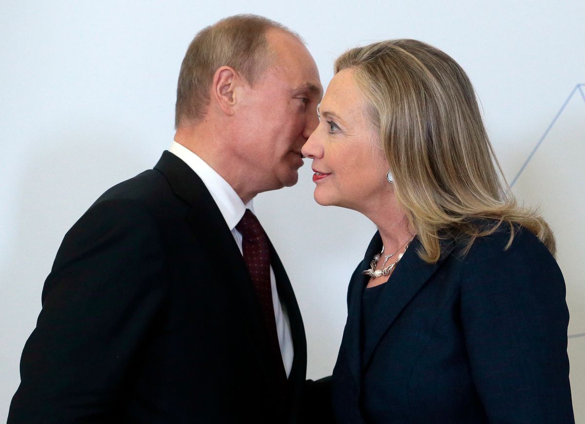 WITH STORY RUSSIA US CLINTON - FILE In this file photo taken on Saturday, Sept. 8, 2012, Russian President Vladimir Putin, left, meets U.S. Secretary of State Hillary Rodham Clinton on her arrival at the APEC summit in Vladivostok, Russia.  During her recent acceptance of the Democratic party nomination to run for the U.S. presidency Clinton said Russia as an enemy and cannot be trusted, a statement which clearly stung the Kremlin and seems to have heralded a new era for the coming presidency if Clinton wins. (AP Photo/Mikhail Metzel, pool, FILE) (AP)