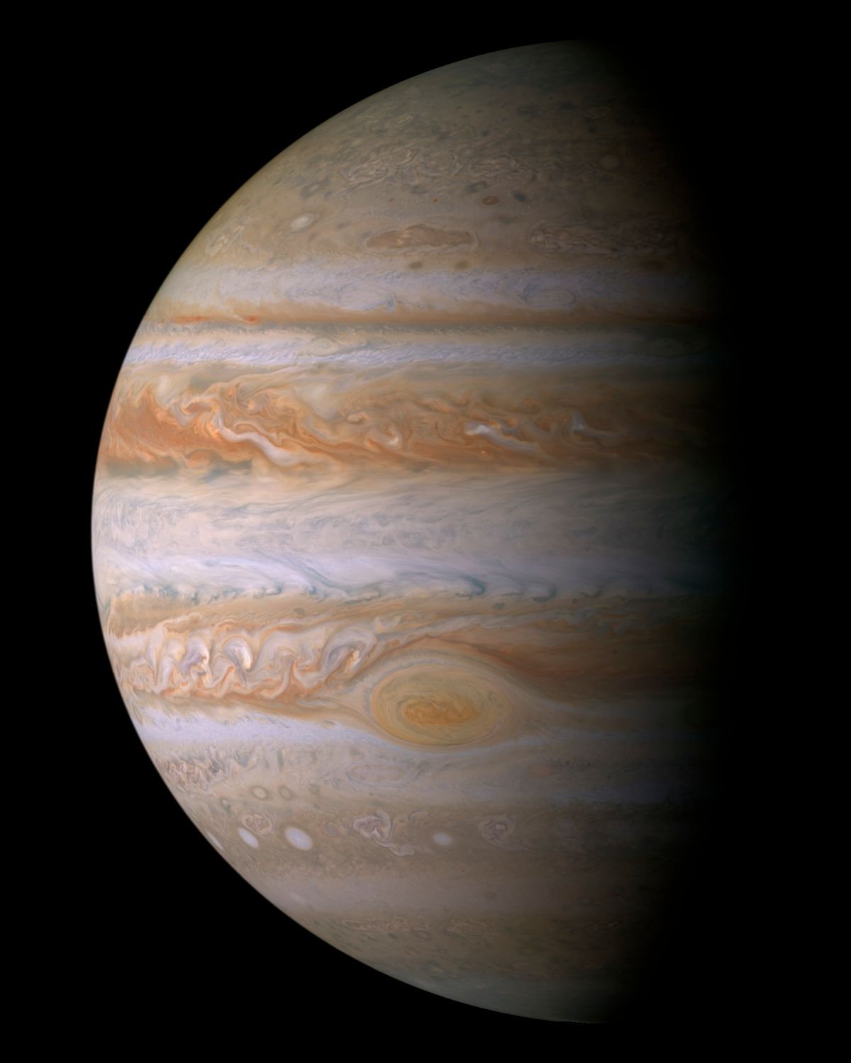 This composite image of photographs made by NASA's Cassini spacecraft on Dec. 29, 2000 shows the planet Jupiter. The photographs taken during the Cassini's closest approach to the gas giant at a distance of approximately 10 million kilometers (6.2 million miles). The Great Red Spot, a fierce storm larger than Earth, has been observed for centuries. But in recent years, it has been mysteriously shrinking. (NASA/JPL/Space Science Institute via AP) (AP)