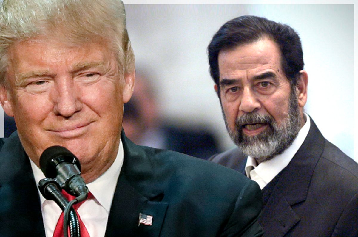 Donald Trump; Saddam Hussein   (AP/David Furst/Reuters/David Furst/Photo montage by Salon)