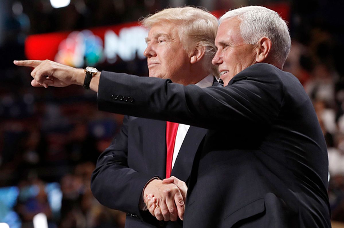 Donald Trump and Mike Pence at the conclusion of the Republican National Convention in Cleveland, July 21, 2016.    (Reuters/Jonathan Ernst)