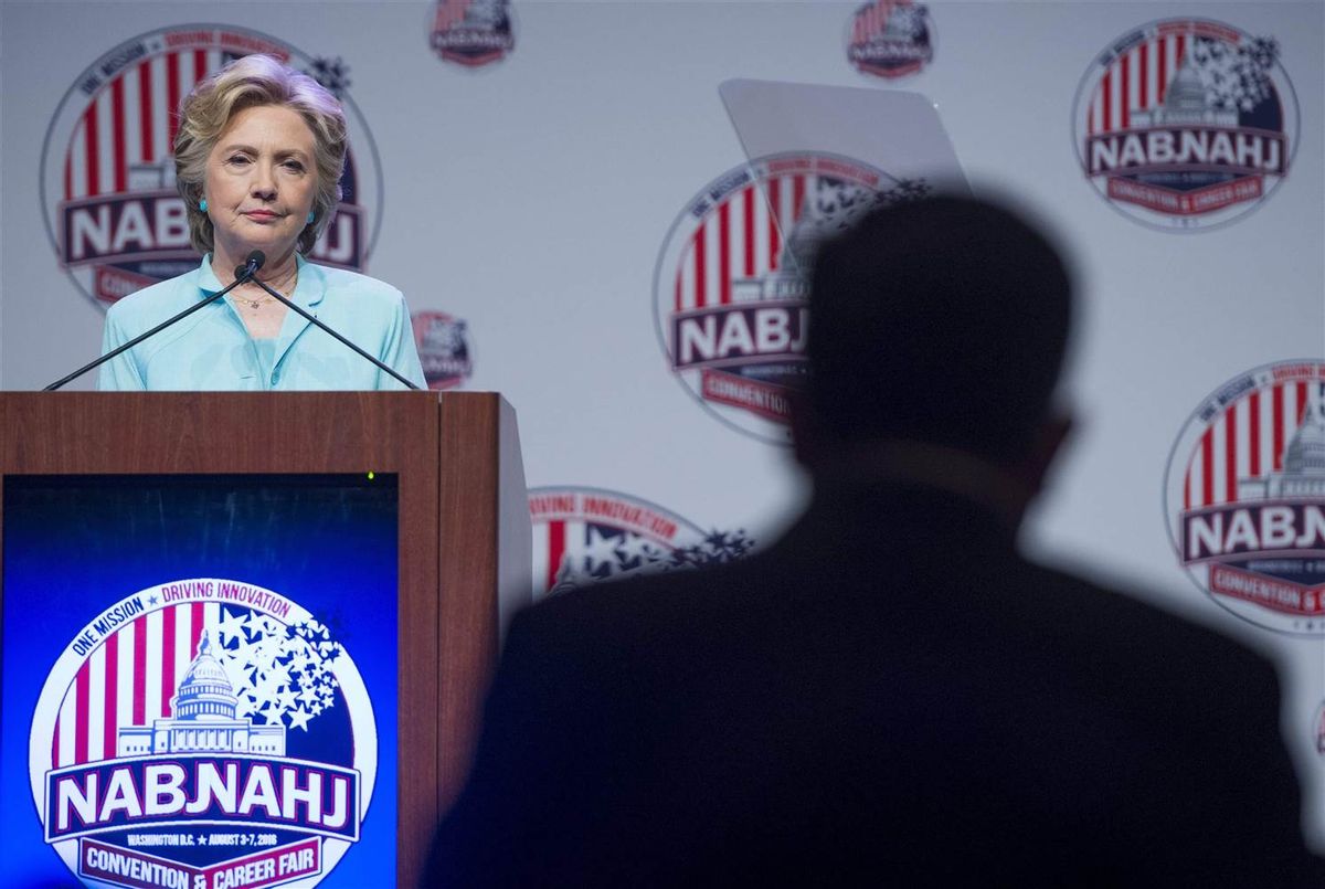 A member of the media asks Democratic presidential nominee Hillary Clinton a question during the National Association of Black Journalists(NABJ) and National Association of Hispanic Journalists(NAHJ) joint convention in Washington, DC, August 5, 2016. (SAUL LOEB / AFP - Getty Images via NBC News)
