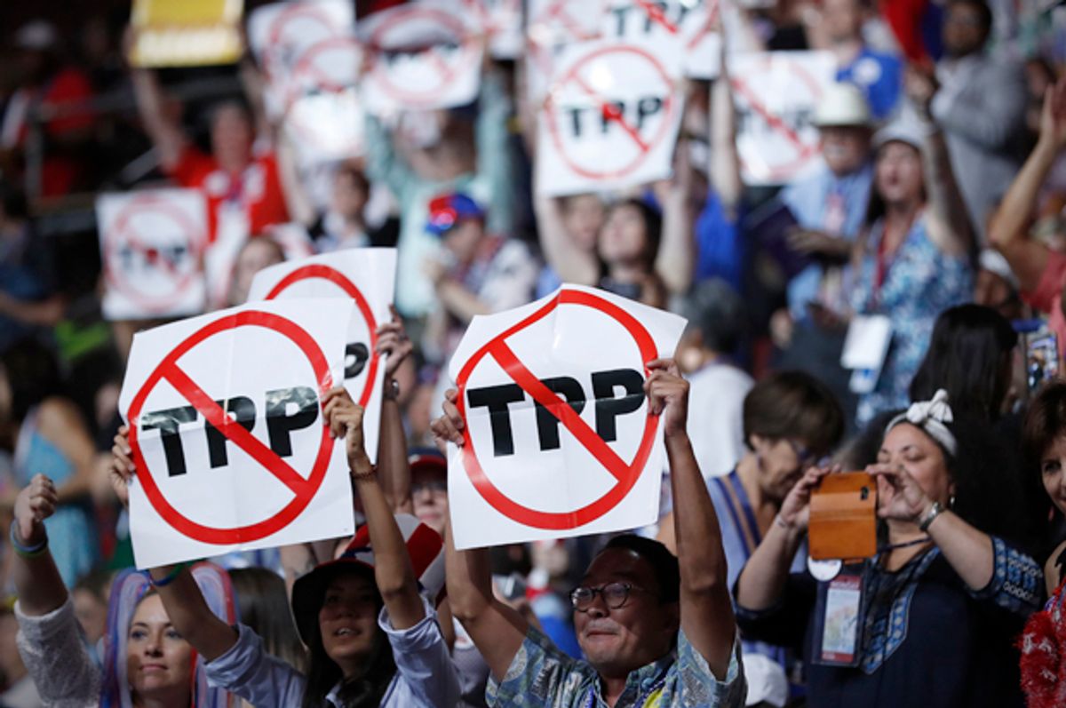 Delegates protesting against the TPP at the Democratic National Convention in Philadelphia, July 25, 2016.   (Reuters/Mark Kauzlarich)