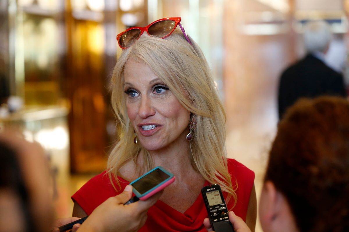Kellyanne Conway, new campaign manager for Republican presidential candidate Donald Trump, speaks to reporters in the lobby of Trump Tower in New York, Wednesday, Aug. 17, 2016. (AP Photo/Gerald Herbert) (AP)